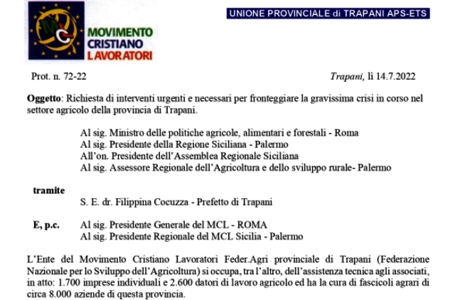 Trapani. Presidenti provinciali Feder.Agri e MCL chiedono a Regione e Stato, tramite il Prefetto, "interventi urgenti contro la crisi agricola"